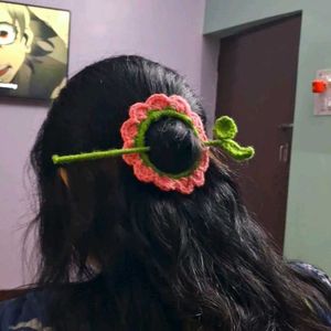 Crocheted Flower Bun Stick