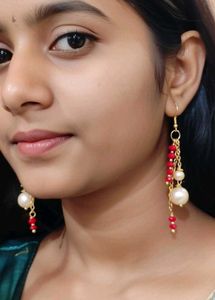 Handmade Elegant Pearl and Red Stone Drop Earrings