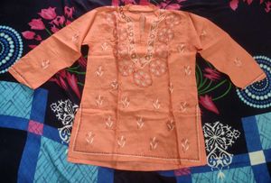 Orange Embroidered Cotton Kurta