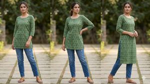 Stylish printed short kurti with square neck.