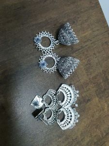 Oxidized Silver Jhumka Earrings Set of 3