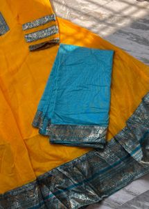 Vibrant Yellow Kurta Set with Blue Dupatta