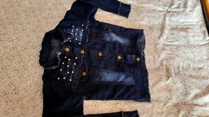 Denim Jacket with Pearls and Brown Pants
