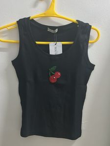 Black Ribbed Tank Top with Cherry Embellishment