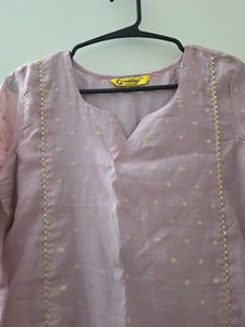 size L Light Pink Kurta with Polka Dots
