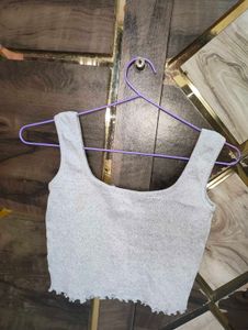 Grey Ribbed Lettuce Hem Crop Top