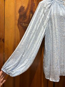 Blue Floral Print Tie Neck Top