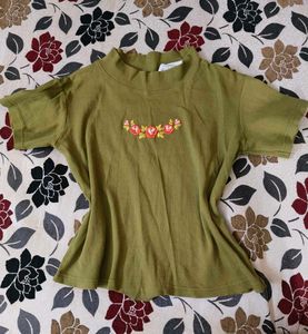 Olive Green Embroidered Rose T-Shirt