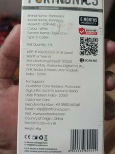 Portronics USB Type C To CCable 2 A 1.2m