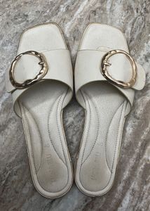 Women's Cream Slides with Gold Buckle