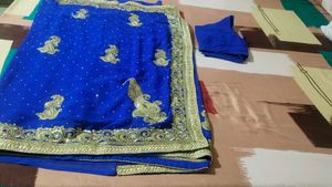Royal Blue Embroidered Saree with Blouse