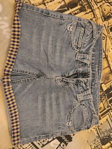 Denim Shorts with Gingham Cuffs mid waist 28-30