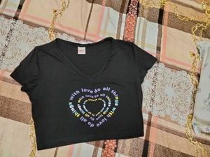Black V-Neck T-Shirt with Heart Print