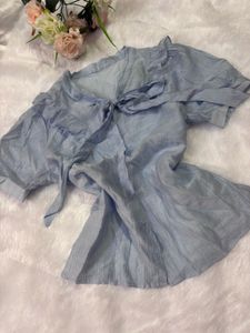 Light Blue Ruffled Tie-Front Top