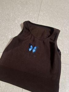 Brown Ribbed Tank Top with Blue Butterfly