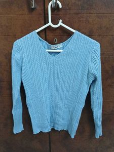 Light Blue Cable Knit V-Neck Sweater