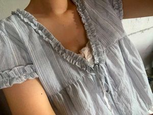 Striped Ruffle Neck Tie-Up Top
