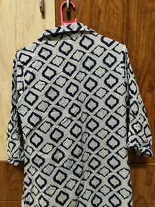 White With Blue ikat print Long Kurti