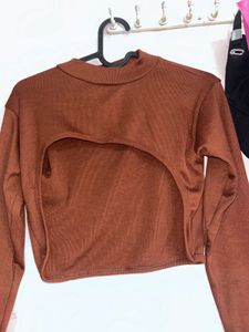 Brown Cut-Out Long Sleeve Top