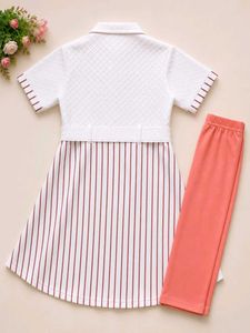 White Striped Tunic Dress with Coral Leggings Set