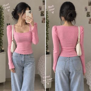 Pink Ribbed Square Neck Puff Sleeve Top