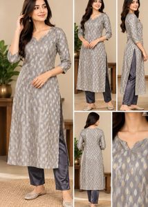 Elegant Grey Kurta Set with Gold Leaf Print
