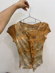 Sheer y2k Floral Print Top with Ruffles