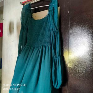 Chic Teal Smocked Square Neck Dress