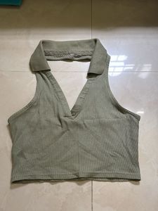 Sage Green Ribbed Collared Crop Top