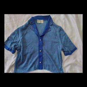 Blue Patterned Button-Down Top