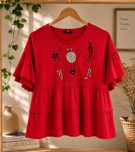 Cute Red Cat Ruffled Top
