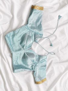 Stunning Sky Blue Silk Blouse with Gold Trim