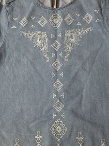 Denim Top with White Embroidery