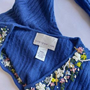 Blue Cardigan with Floral Embroidery&amp; Embel