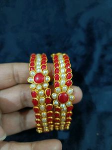 Elegant Red &amp; Pearl Bangles