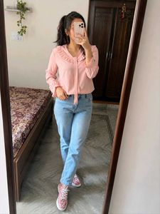 Chic Pink Collared Tie-Up Blouse
