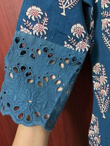 Fusion Blue Floral Print Kurta with Lace Sleeves