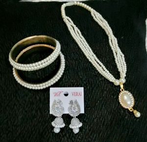 Set White Moti Necklace,Earrings,Bangles