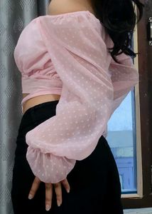 Pink Sheer Puff Sleeve Crop Top