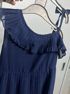 Navy Blue Pleated Dress with Colorful Trim