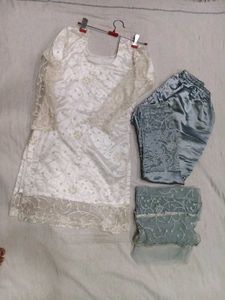 Elegant White Kurta Set with Blue Pants