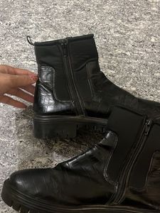 Black Faux Croc Chunky Boots