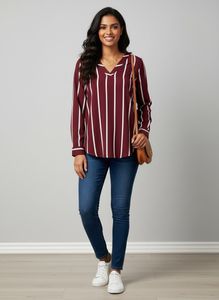 Maroon Striped V-Neck Top