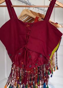 Boho Embroidered Crop Top with Tassels