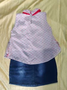 Cute Floral Print Top &amp; Denim Skirt Set👗