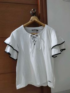 White Ruffle Sleeve Lace-Up Top🤍