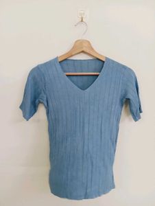 Light Blue V-Neck Ribbed Top
