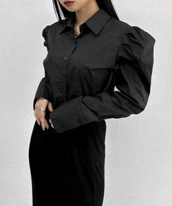 New with tag Chic Black Puff Sleeve Button-Up Top