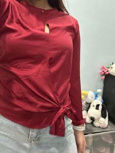 Maroon Tie-Front Satin Top