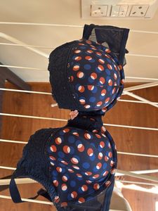Navy Blue Polka Dot Bra with Lace